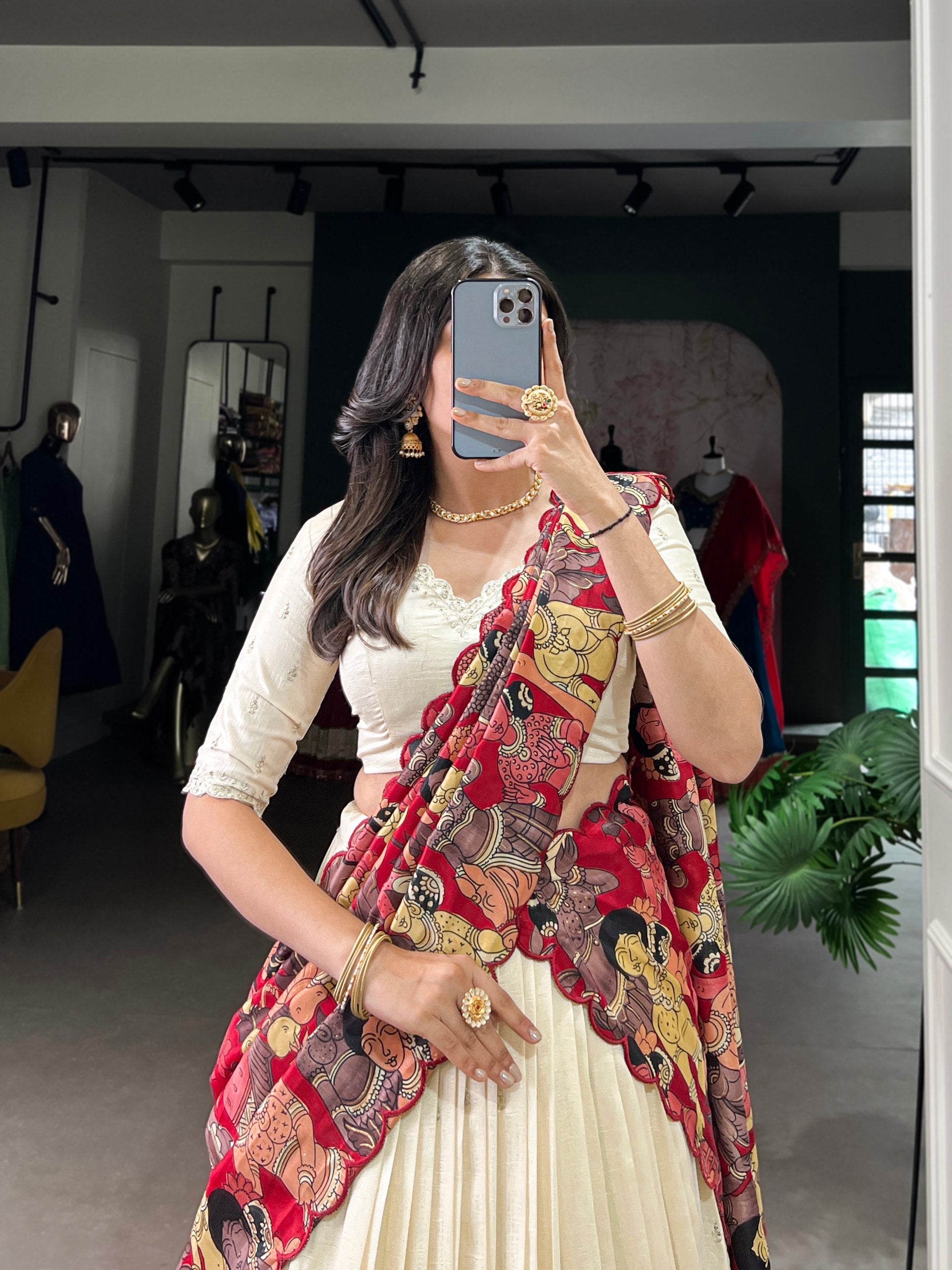 Off White Vichitra Silk Embroidered Lehenga Set with Kalamkari Print Dupatta