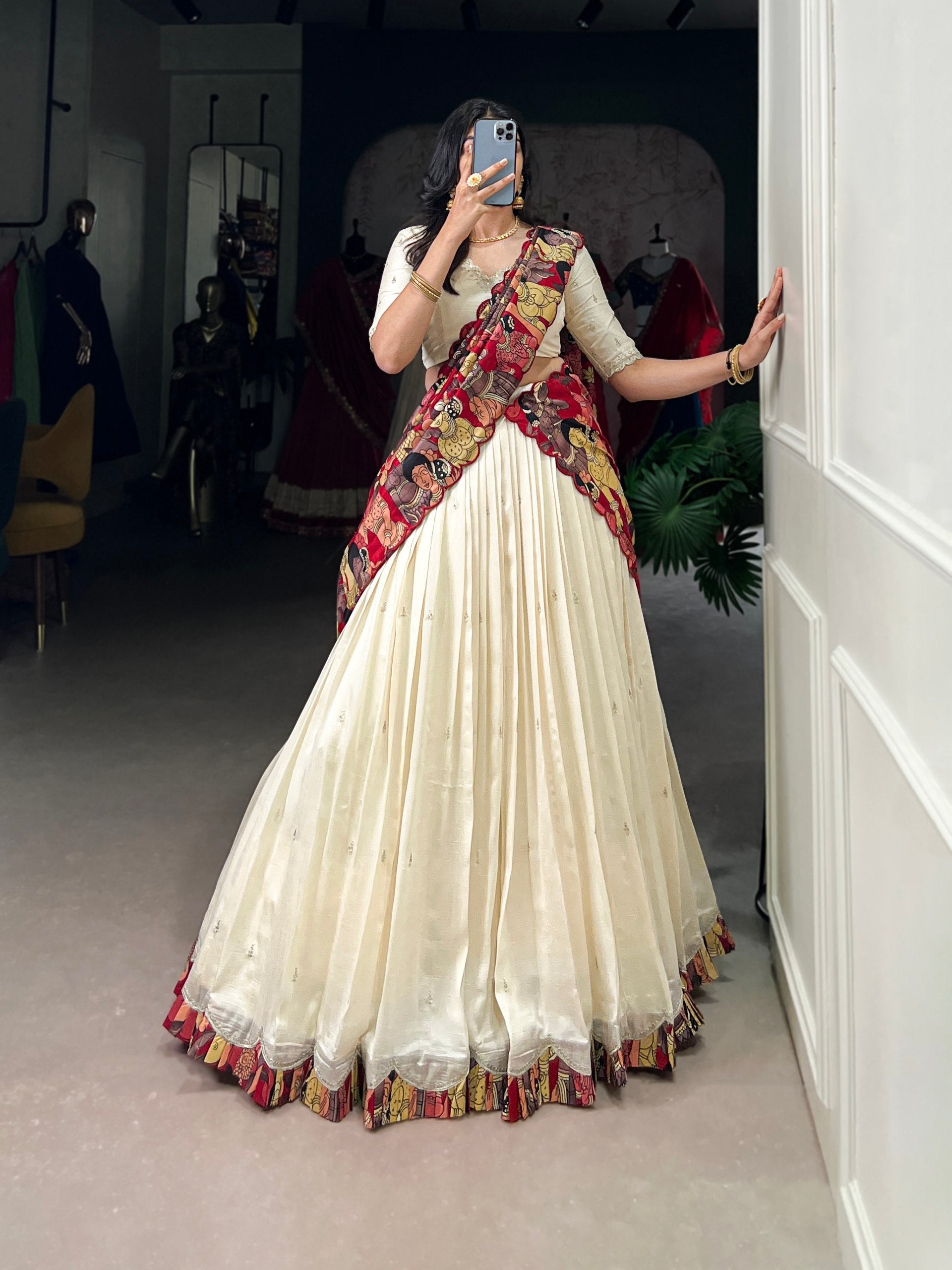 Off White Vichitra Silk Embroidered Lehenga Set with Kalamkari Print Dupatta