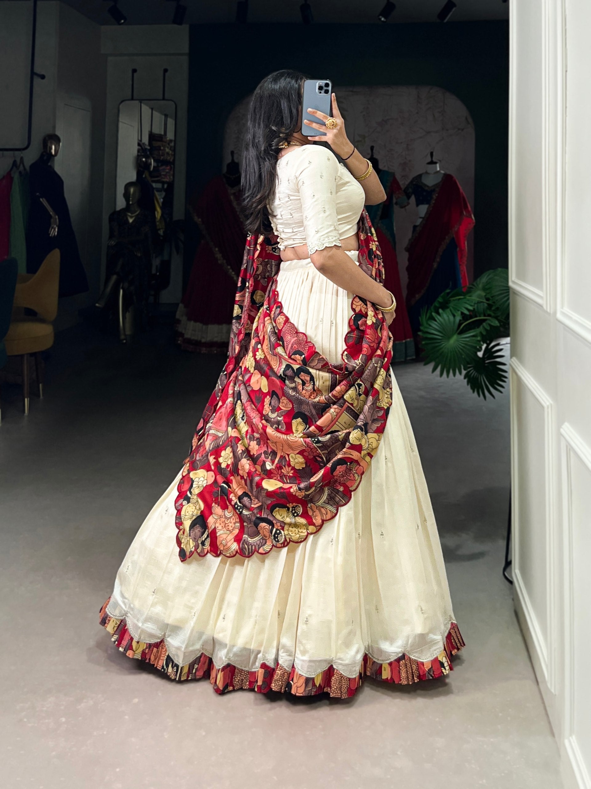 Off White Vichitra Silk Embroidered Lehenga Set with Kalamkari Print Dupatta