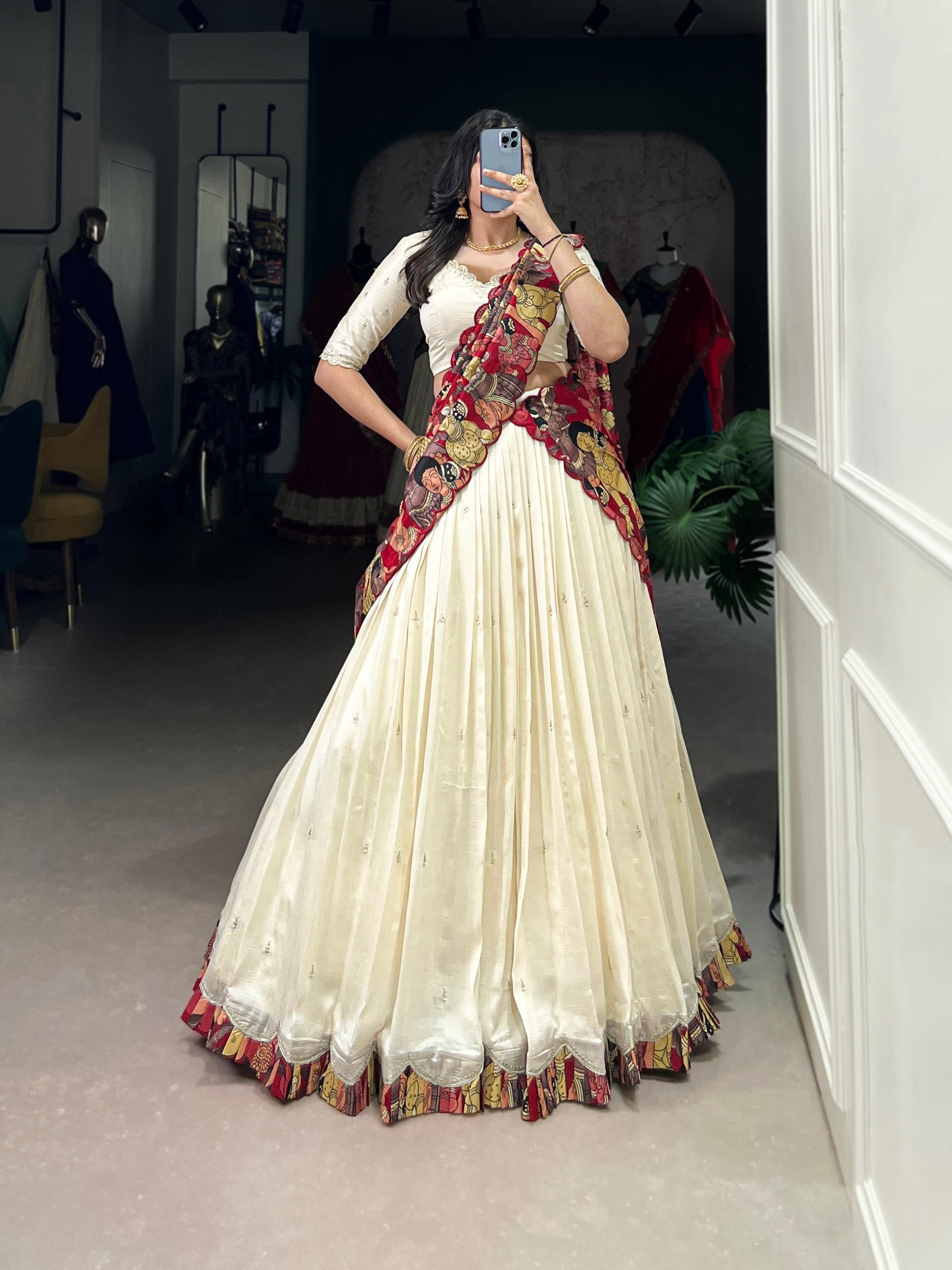 Off White Vichitra Silk Embroidered Lehenga Set with Kalamkari Print Dupatta