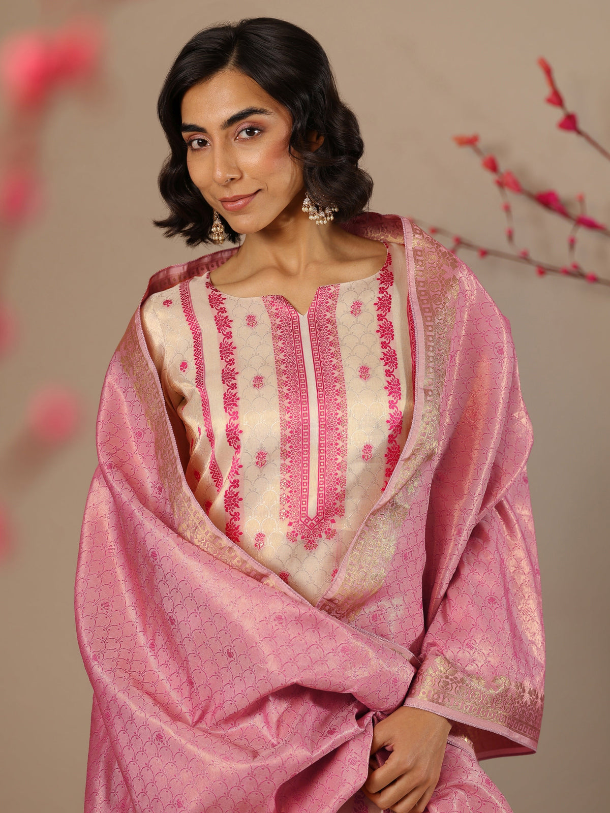 Anouk Off White Woven Design Silk Blend Straight Suit Set With Dupatta