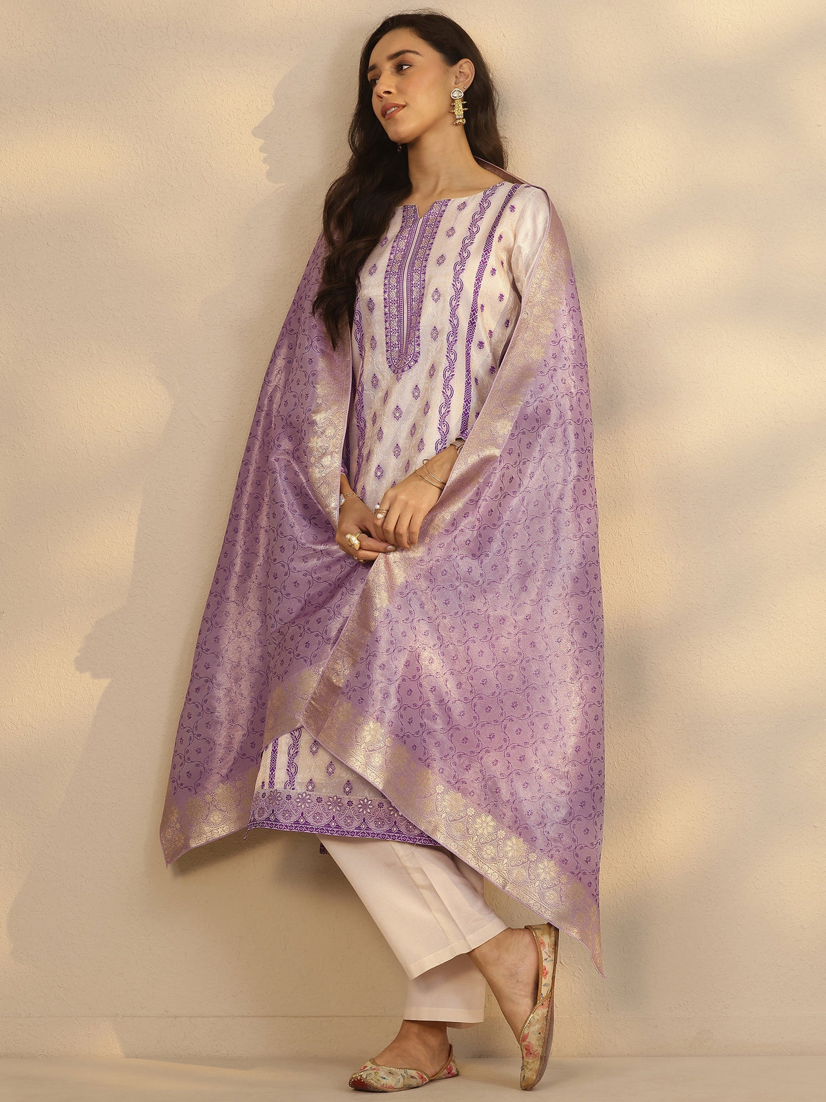 Anouk Off White Woven Design Silk Blend Straight Suit Set With Dupatta