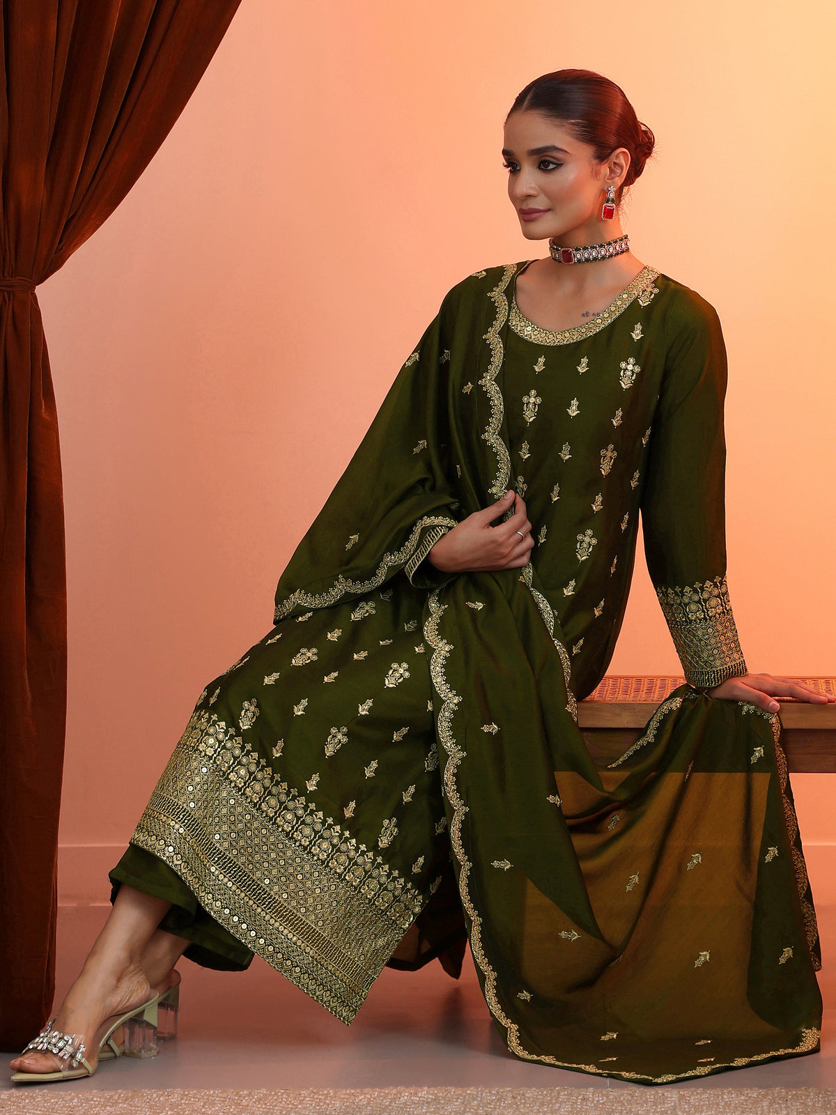 Anouk Olive Embroidered Chinon Straight Suit Set With Dupatta