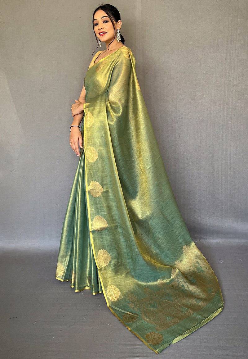 Olive Green Elegant Woven Tissue Silk Saree with Gold Accents & Unstitched Blouse Piece – Party & Festive Wear