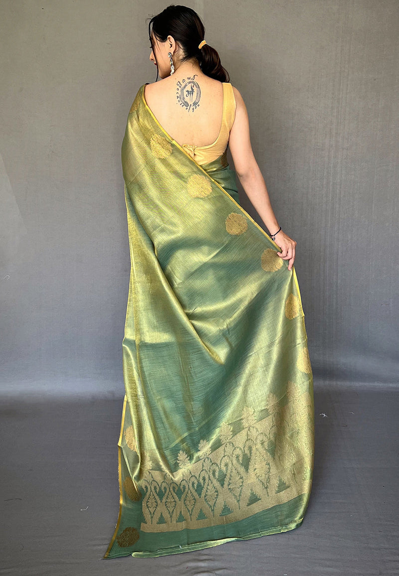 Olive Green Elegant Woven Tissue Silk Saree with Gold Accents & Unstitched Blouse Piece – Party & Festive Wear