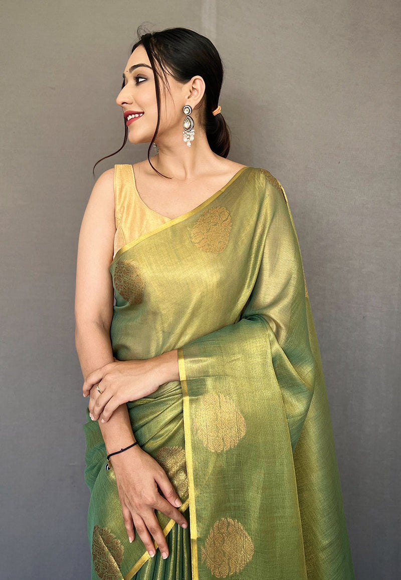 Olive Green Elegant Woven Tissue Silk Saree with Gold Accents & Unstitched Blouse Piece – Party & Festive Wear
