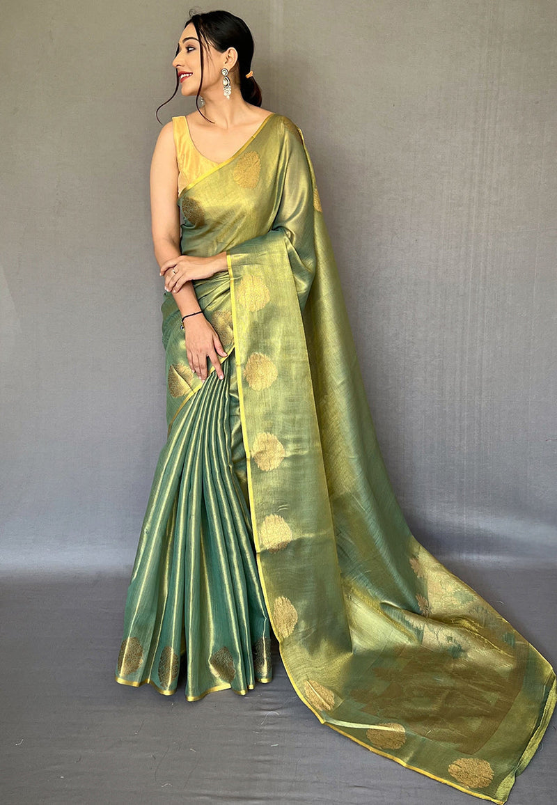 Olive Green Elegant Woven Tissue Silk Saree with Gold Accents & Unstitched Blouse Piece – Party & Festive Wear