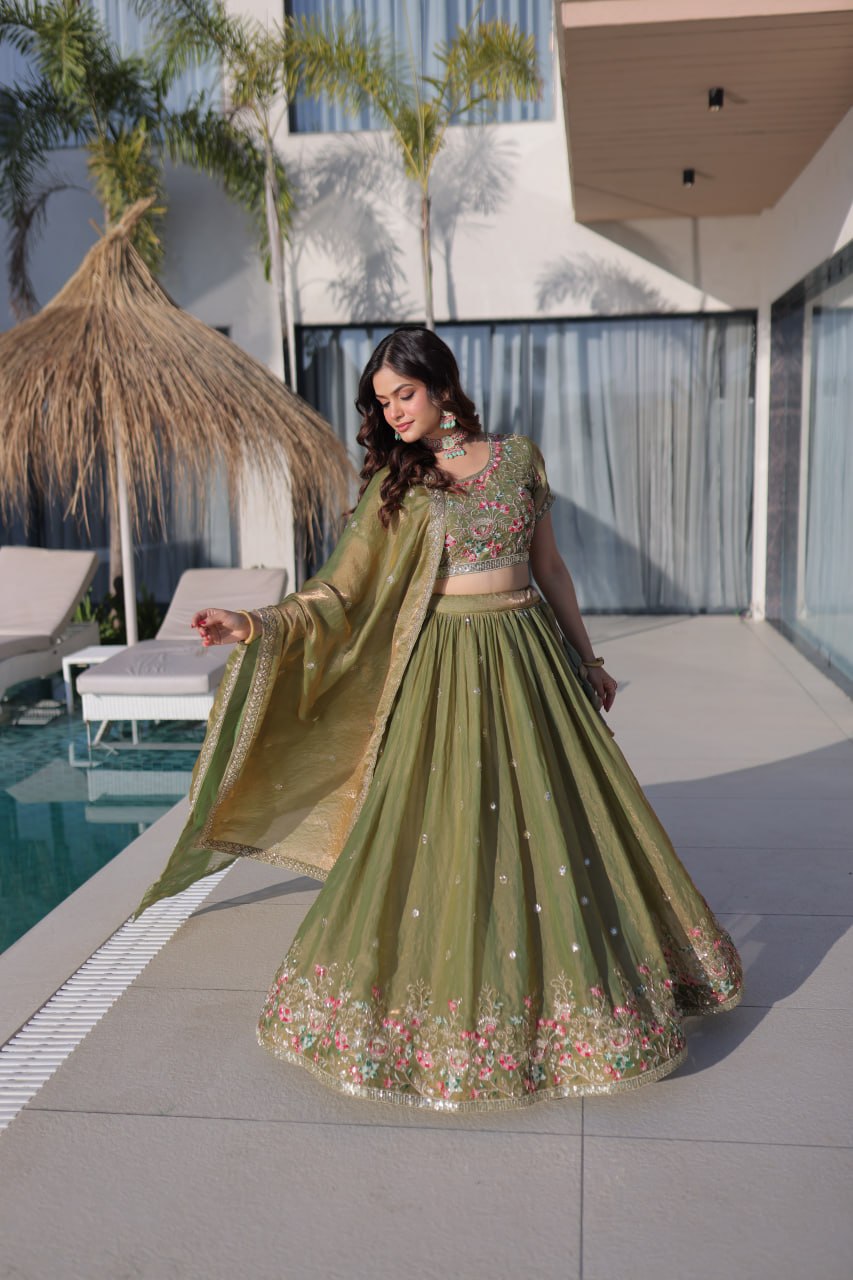 Olive Green Fendi Silk Lehenga Choli