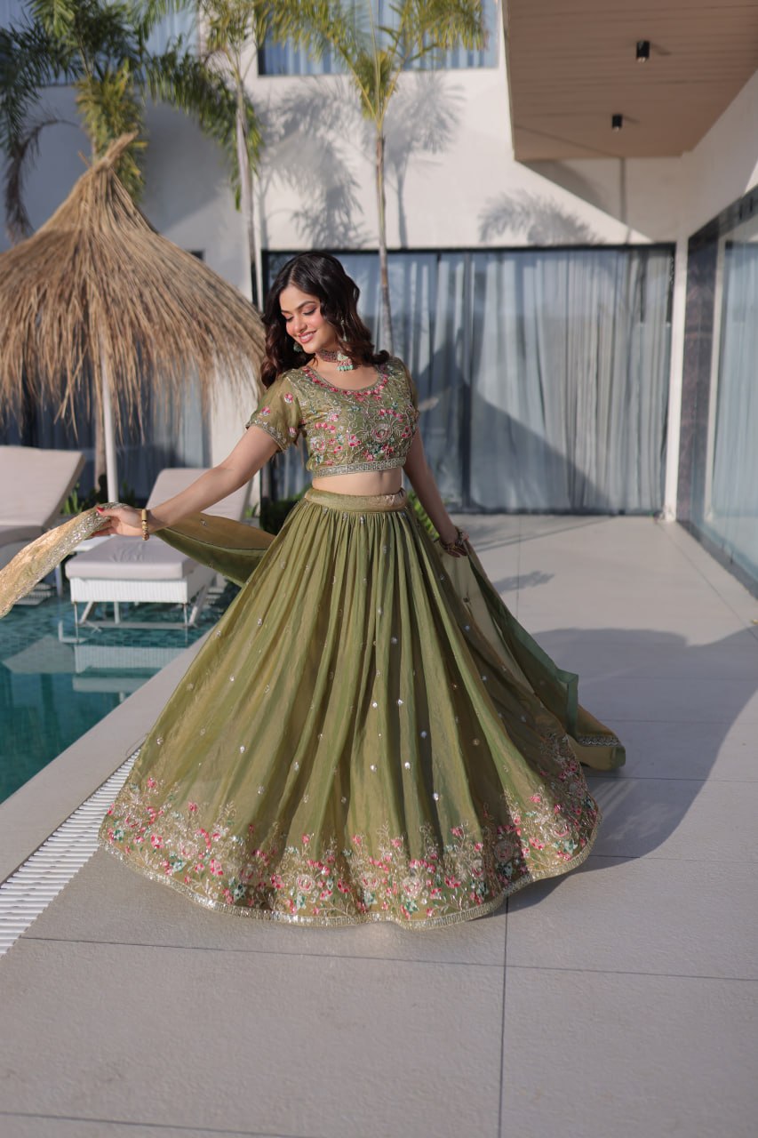Olive Green Fendi Silk Lehenga Choli