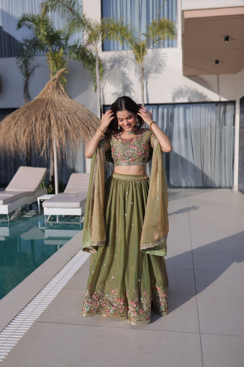 Olive Green Fendi Silk Lehenga Choli