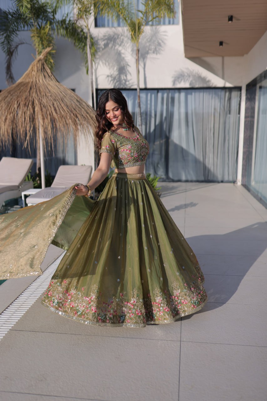 Olive Green Fendi Silk Lehenga Choli