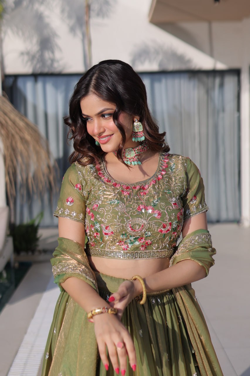 Olive Green Fendi Silk Lehenga Choli