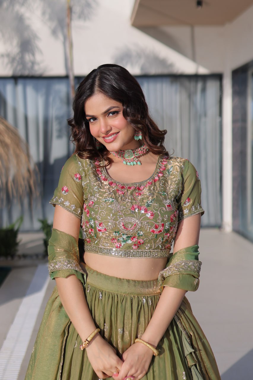 Olive Green Fendi Silk Lehenga Choli