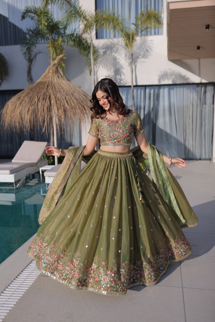 Olive Green Fendi Silk Lehenga Choli