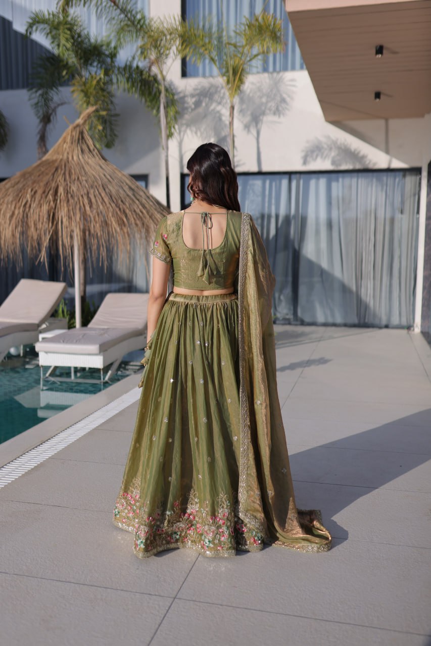 Olive Green Fendi Silk Lehenga Choli