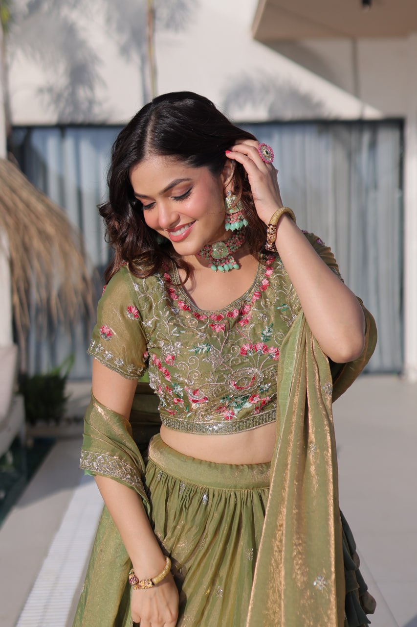 Olive Green Fendi Silk Lehenga Choli