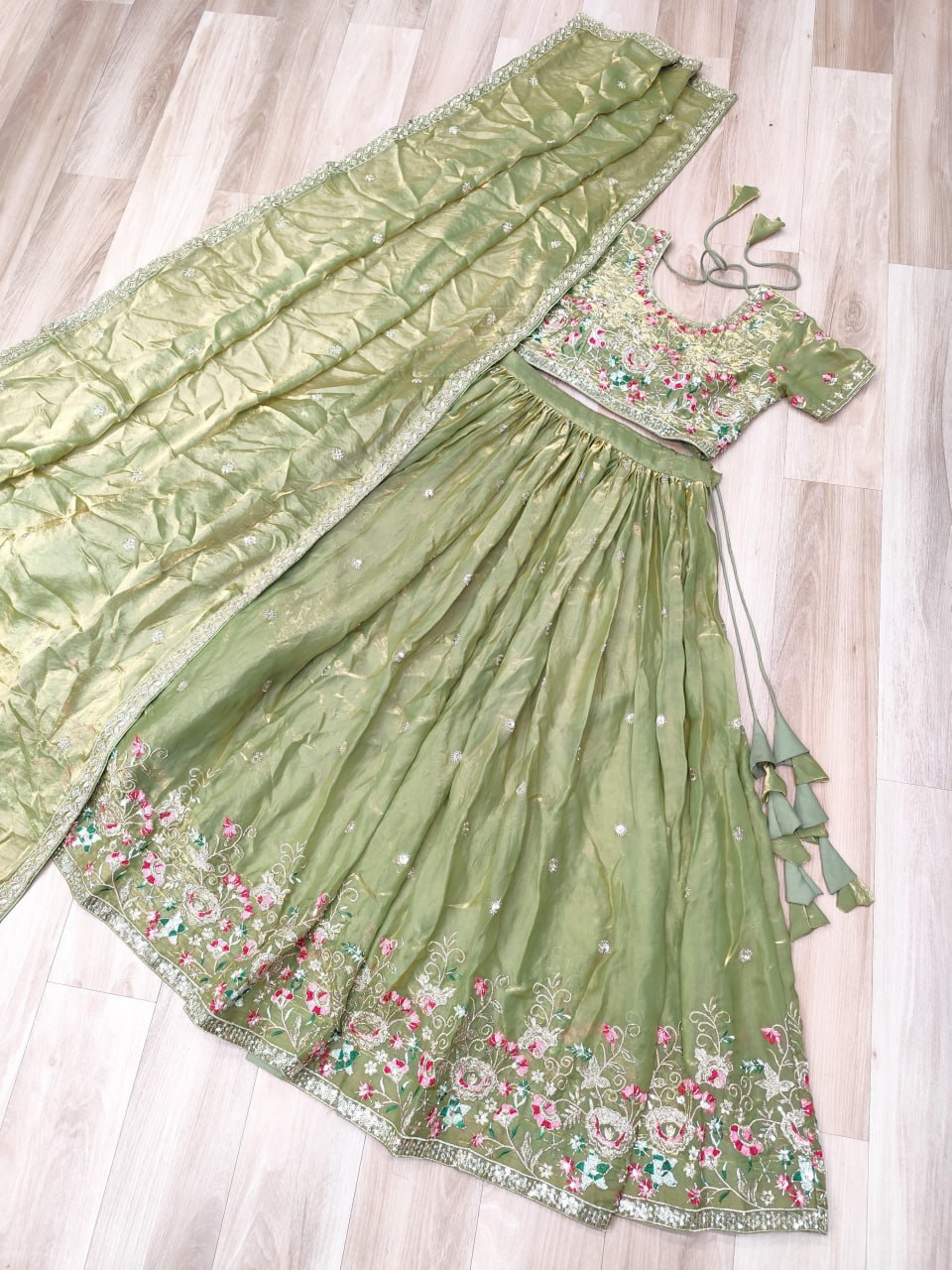 Olive Green Fendi Silk Lehenga Choli