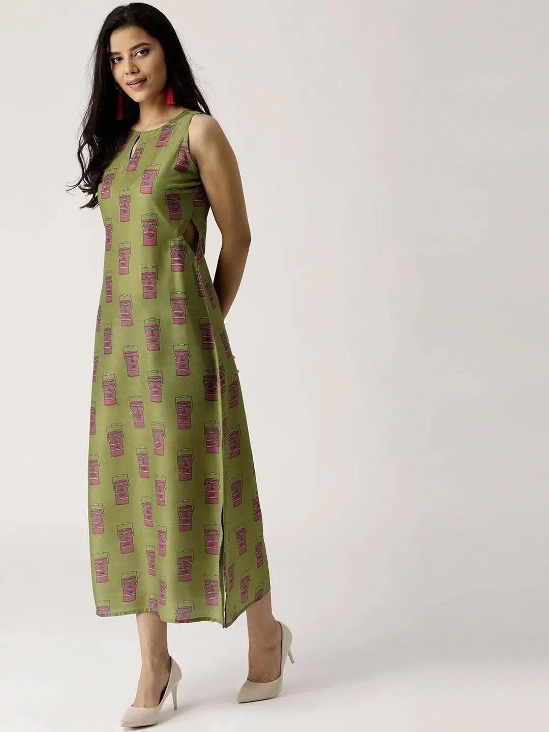 Anouk Olive Green Printed Silk Dress
