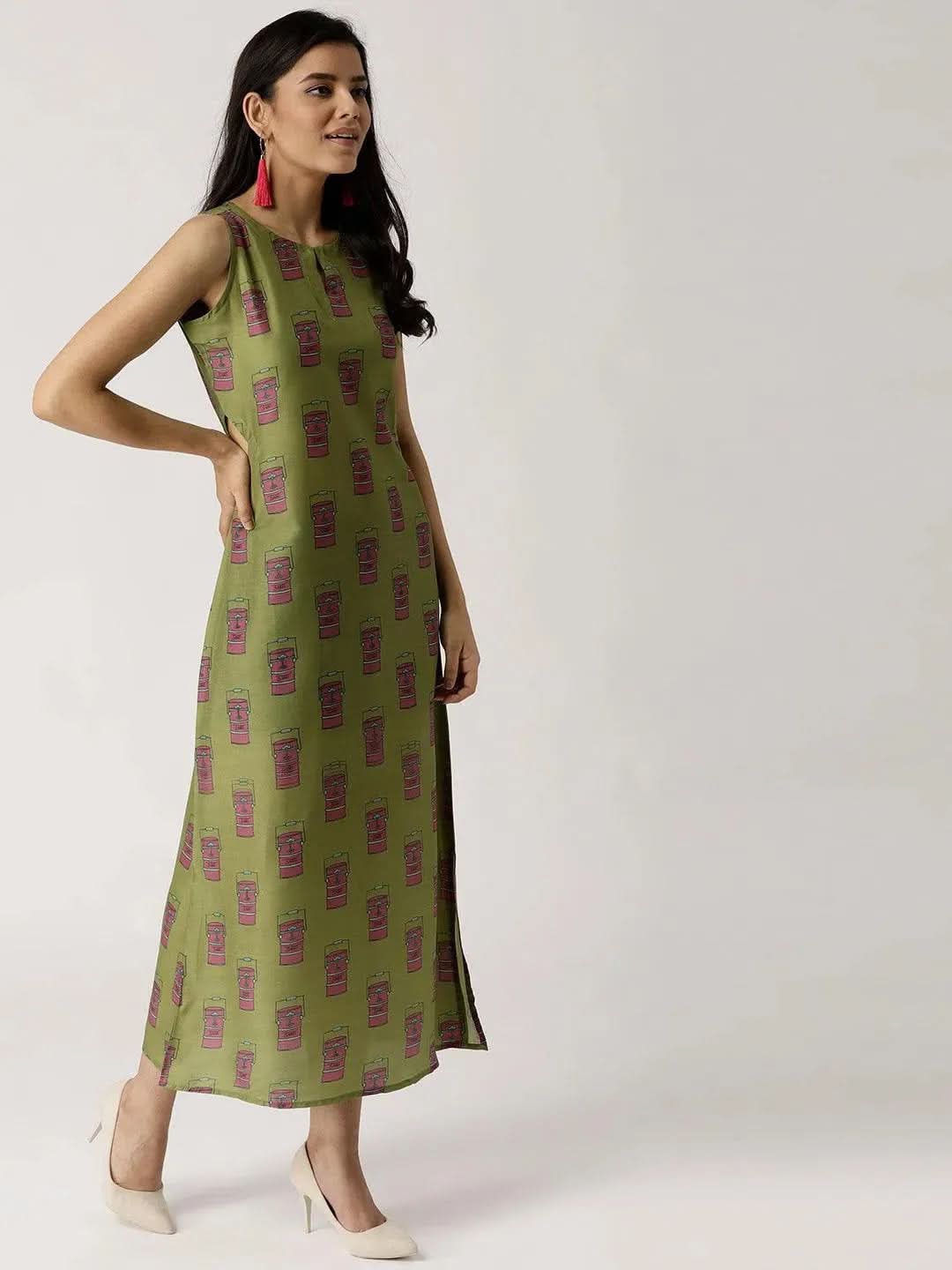 Anouk Olive Green Printed Silk Dress