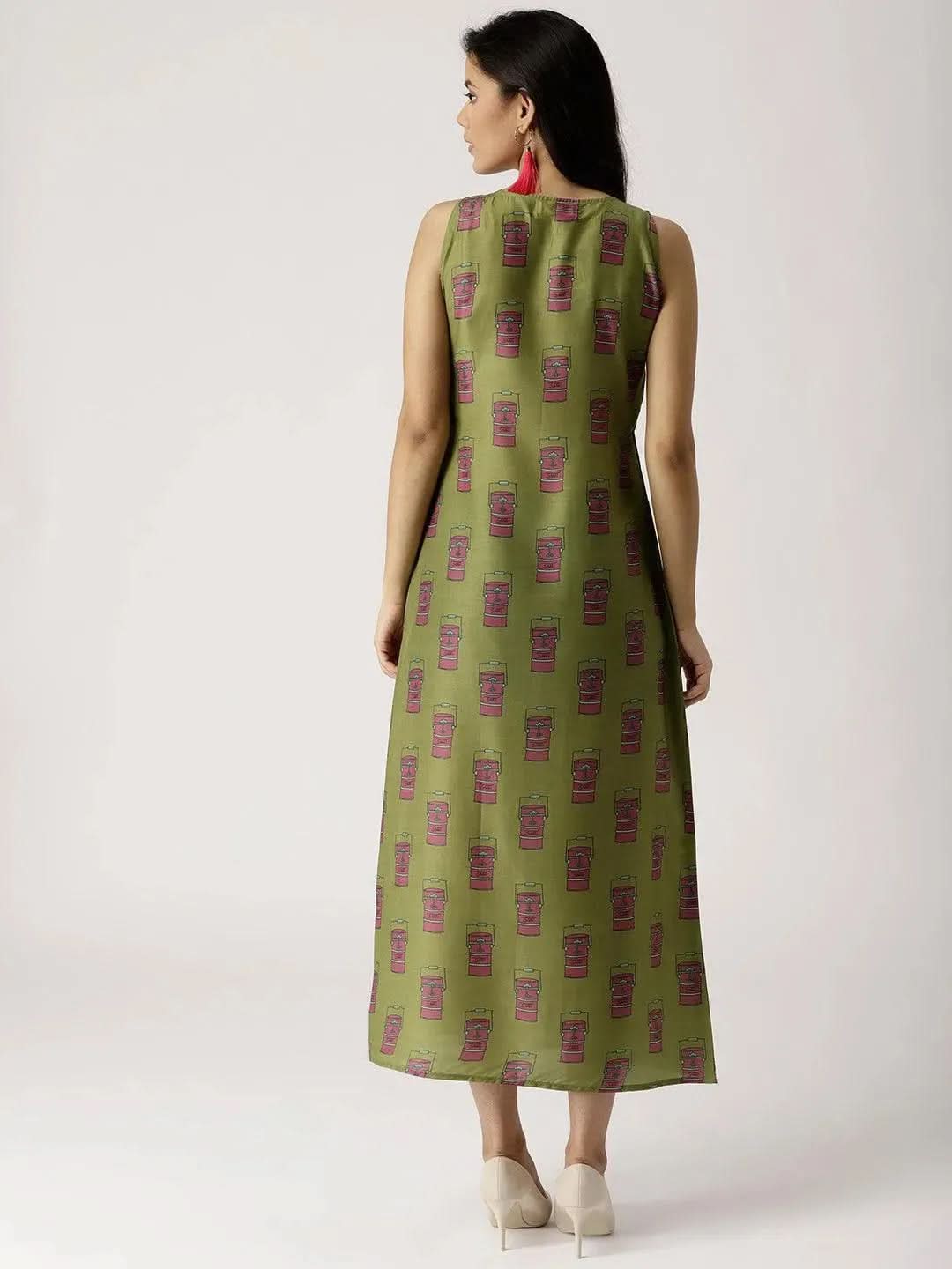 Anouk Olive Green Printed Silk Dress