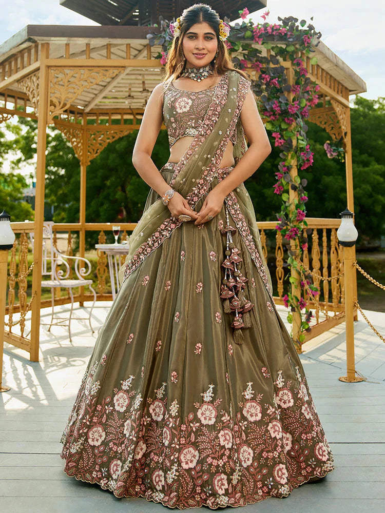 Olive Green Satin Lehenga Choli Set with Net Dupatta Heavy Embroidered AIndian Outfit