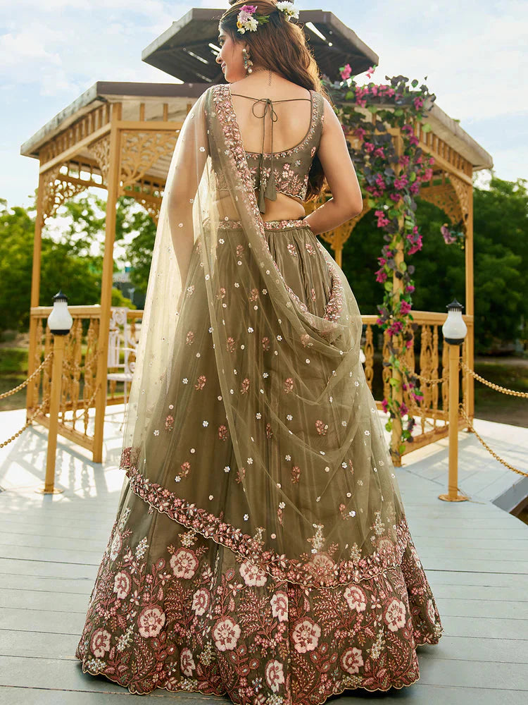 Olive Green Satin Lehenga Choli Set with Net Dupatta Heavy Embroidered AIndian Outfit