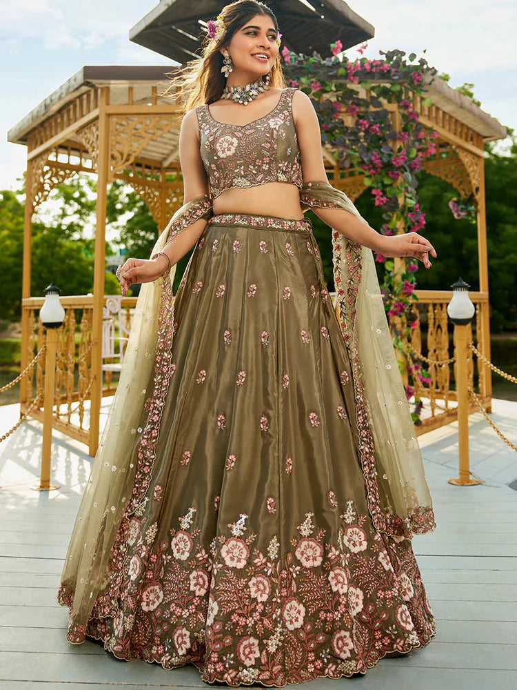 Olive Green Satin Lehenga Choli Set with Net Dupatta Heavy Embroidered AIndian Outfit