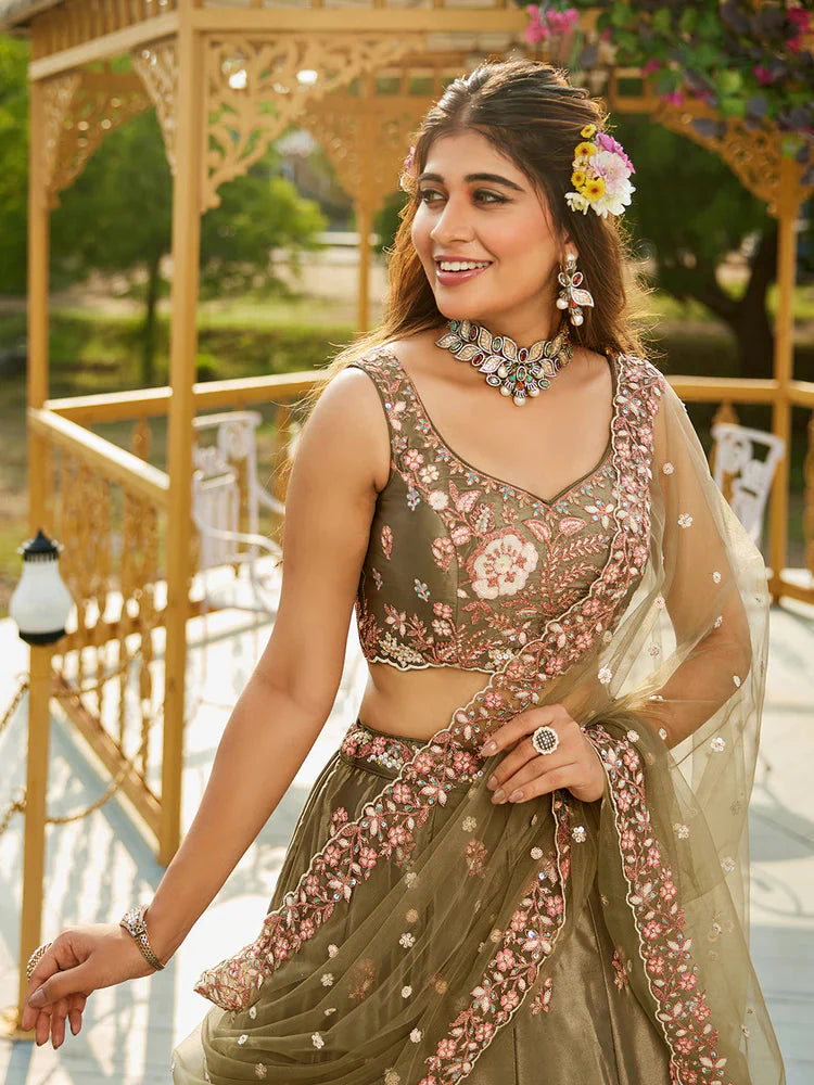 Olive Green Satin Lehenga Choli Set with Net Dupatta Heavy Embroidered AIndian Outfit