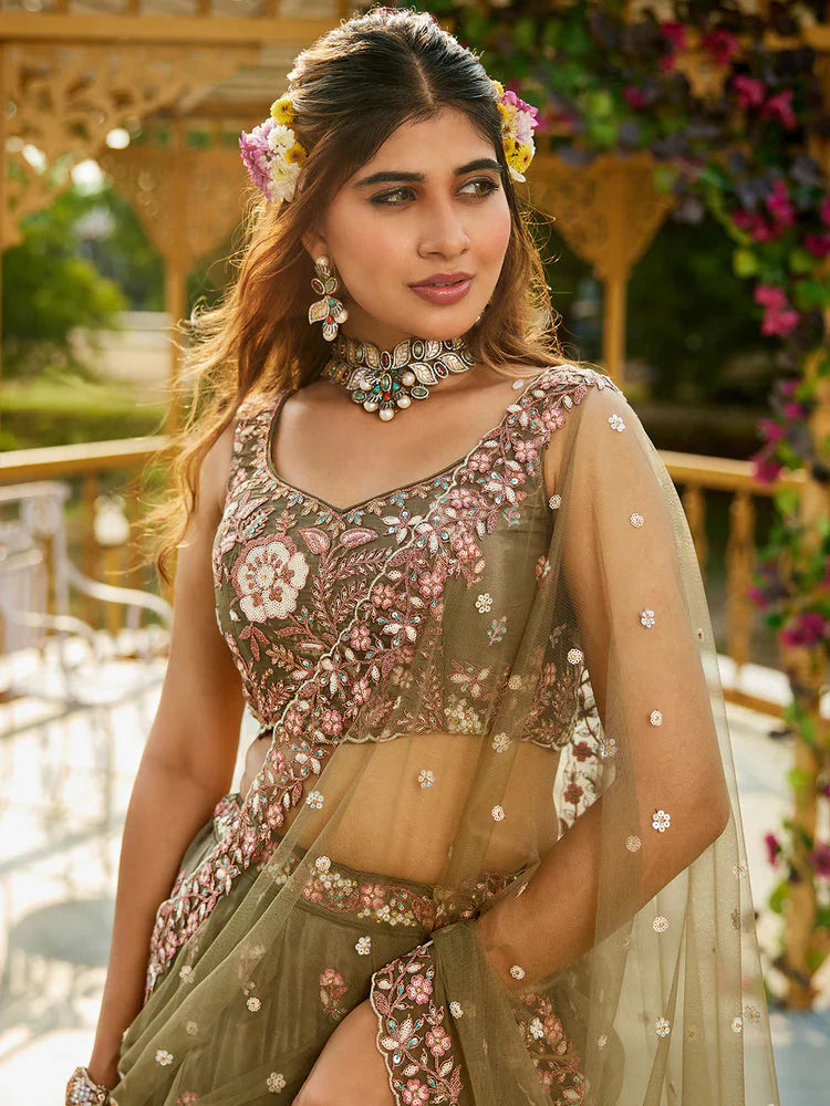 Olive Green Satin Lehenga Choli Set with Net Dupatta Heavy Embroidered AIndian Outfit