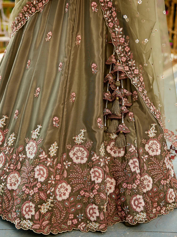 Olive Green Satin Lehenga Choli Set with Net Dupatta Heavy Embroidered AIndian Outfit