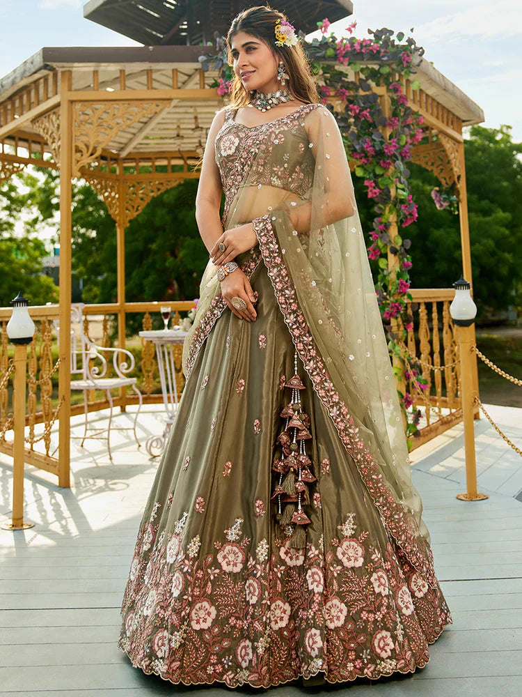 Olive Green Satin Lehenga Choli Set with Net Dupatta Heavy Embroidered AIndian Outfit