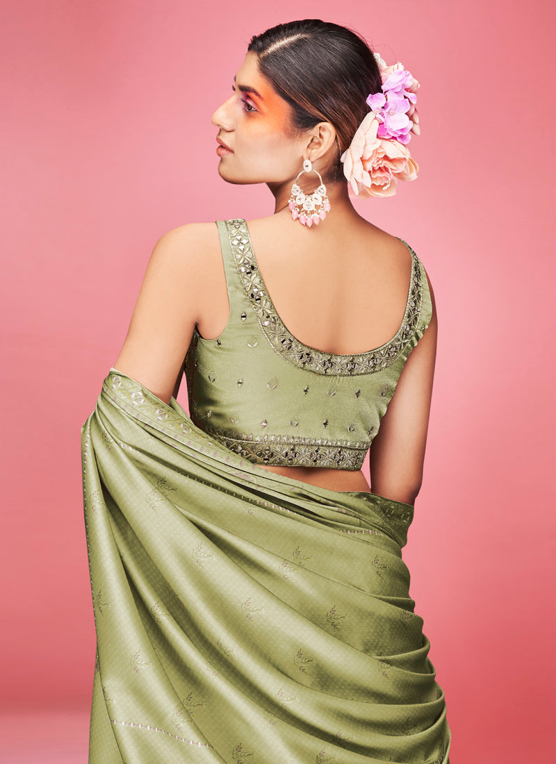 Olive Pakistani Art Silk Lehenga Choli For Indian Festival & Weddings - Thread Embroidery Work,