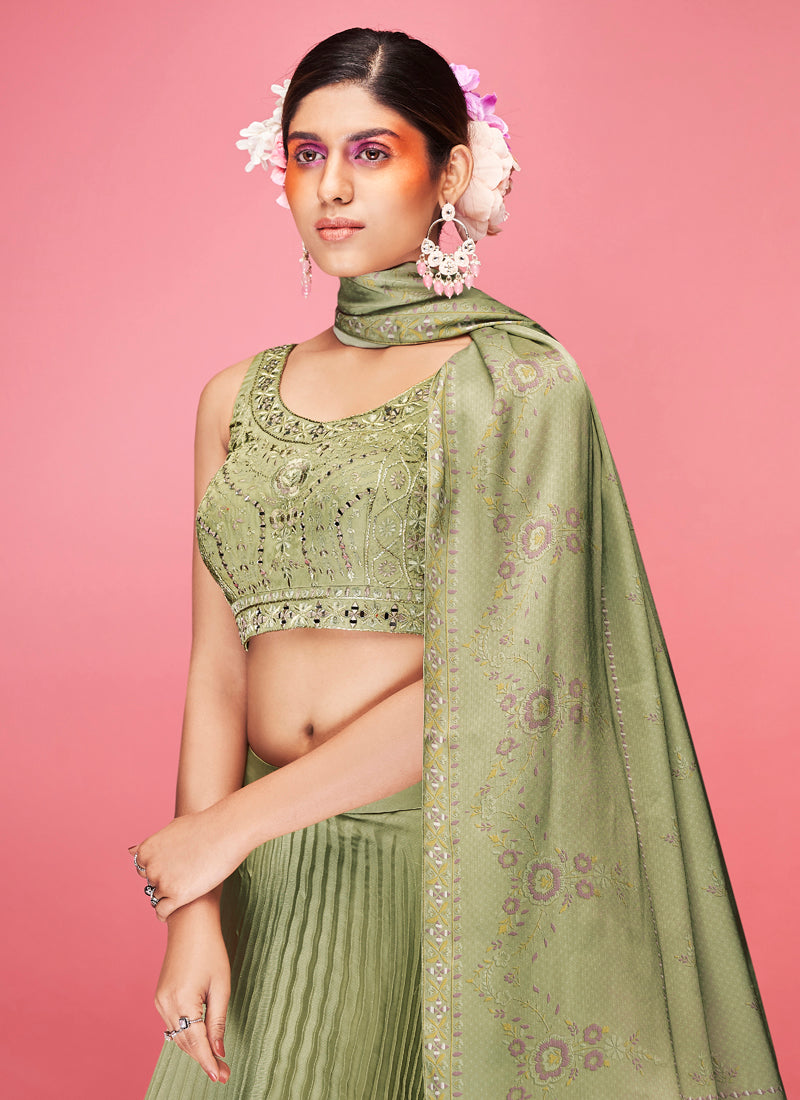 Olive Pakistani Art Silk Lehenga Choli For Indian Festival & Weddings - Thread Embroidery Work,