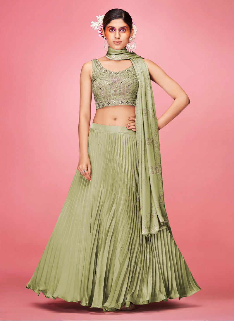 Olive Pakistani Art Silk Lehenga Choli For Indian Festival & Weddings - Thread Embroidery Work,
