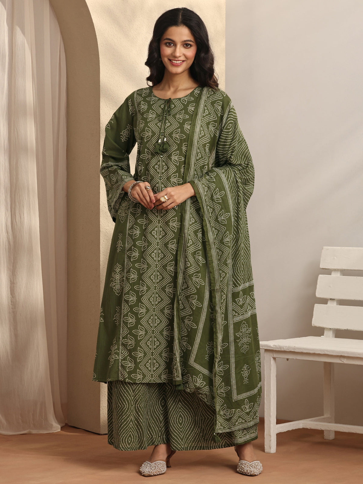 Anouk Olive Printed Cotton Straight Suit Set With Dupatta