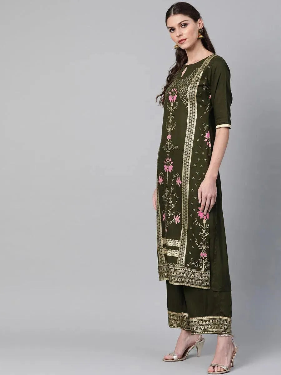 Anouk Olive Printed Rayon Straight Kurta With Palazzos