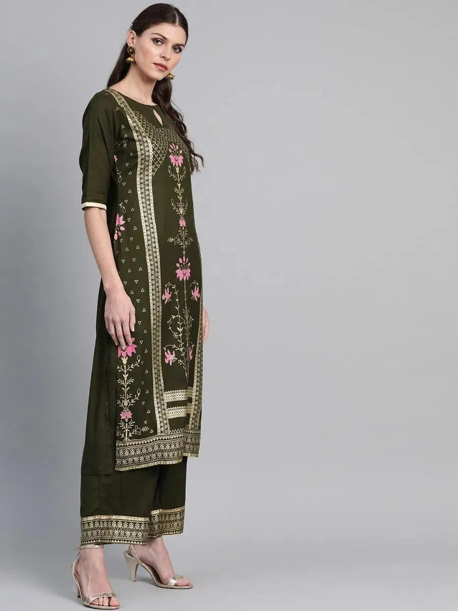 Anouk Olive Printed Rayon Straight Kurta With Palazzos