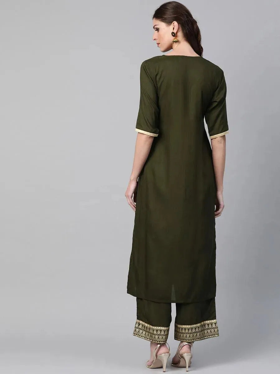 Anouk Olive Printed Rayon Straight Kurta With Palazzos