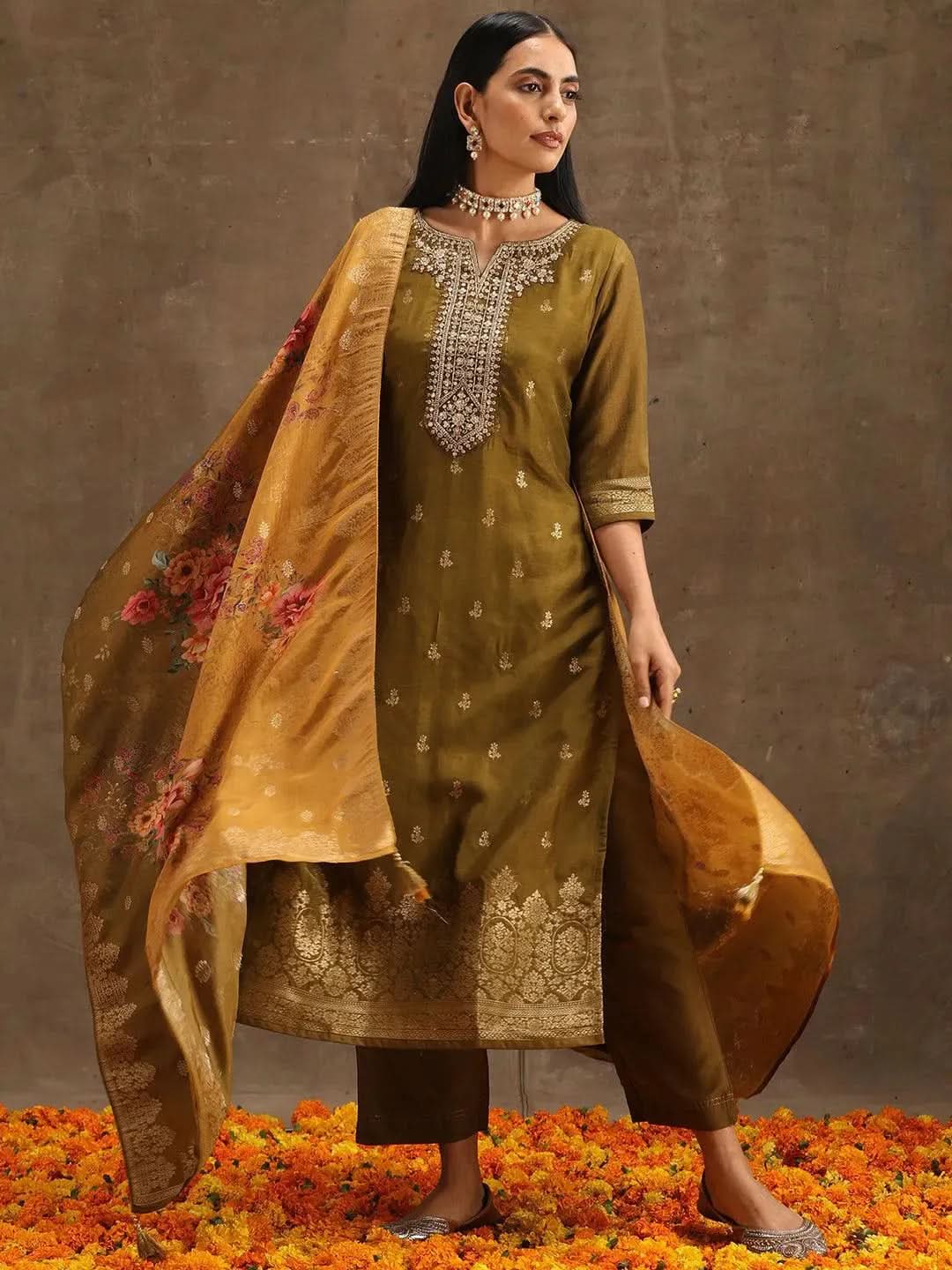 Anouk Olive Self Design Silk Straight Kurta With Trousers & Dupatta