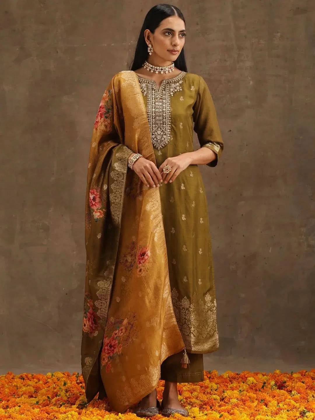 Anouk Olive Self Design Silk Straight Kurta With Trousers & Dupatta