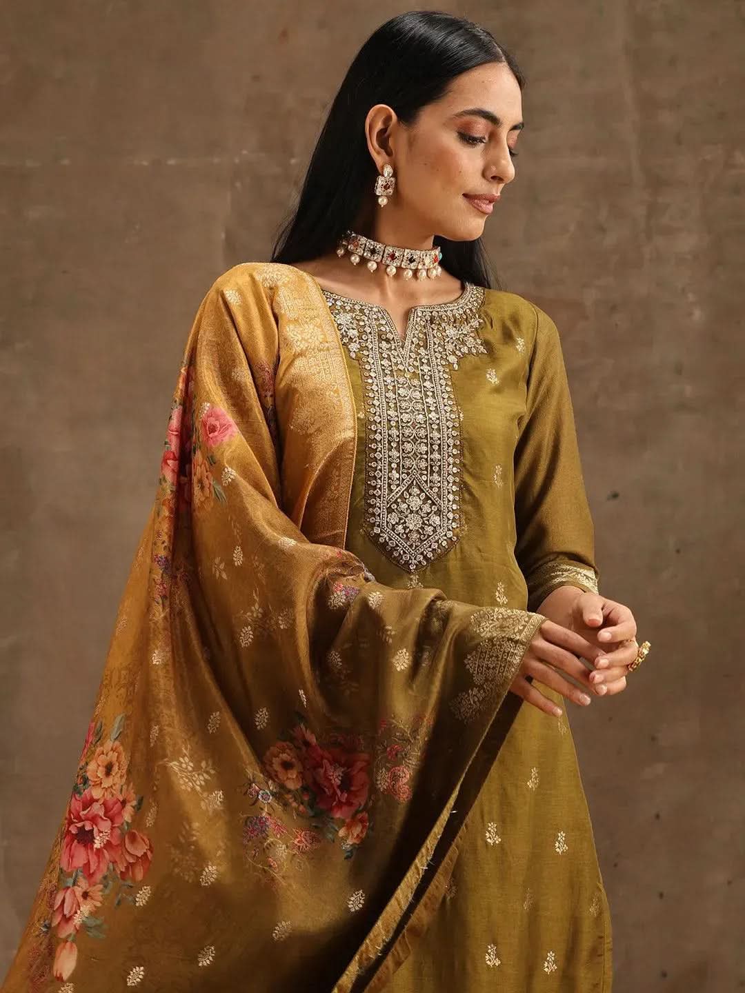 Anouk Olive Self Design Silk Straight Kurta With Trousers & Dupatta