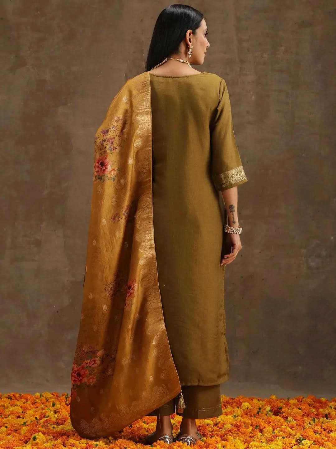 Anouk Olive Self Design Silk Straight Kurta With Trousers & Dupatta