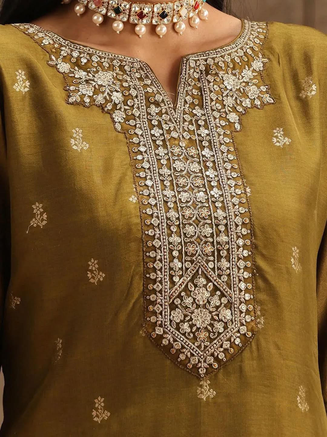 Anouk Olive Self Design Silk Straight Kurta With Trousers & Dupatta