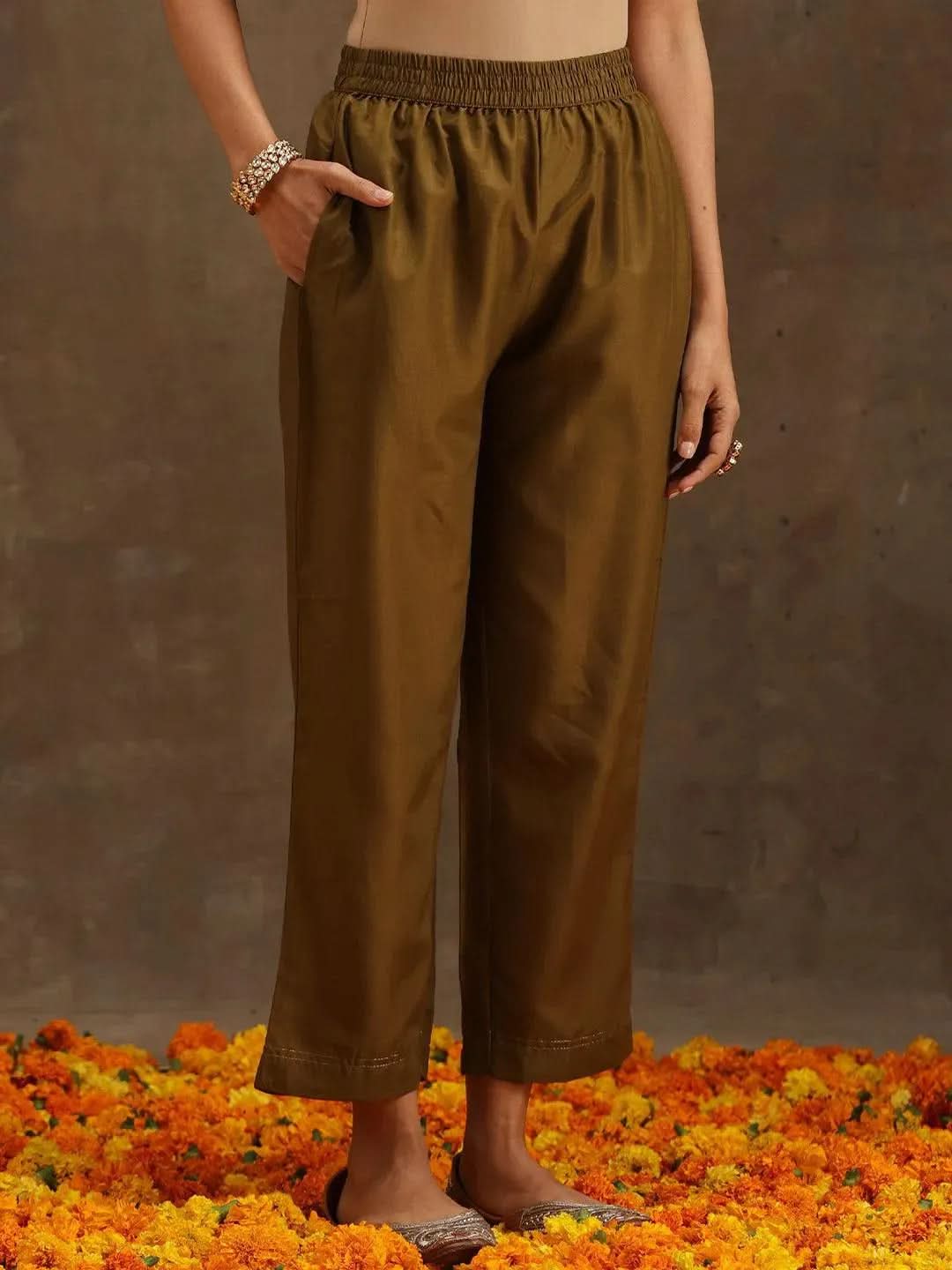Anouk Olive Self Design Silk Straight Kurta With Trousers & Dupatta