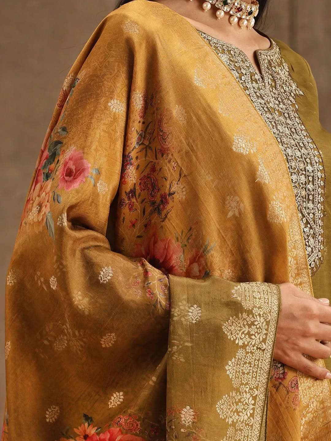 Anouk Olive Self Design Silk Straight Kurta With Trousers & Dupatta