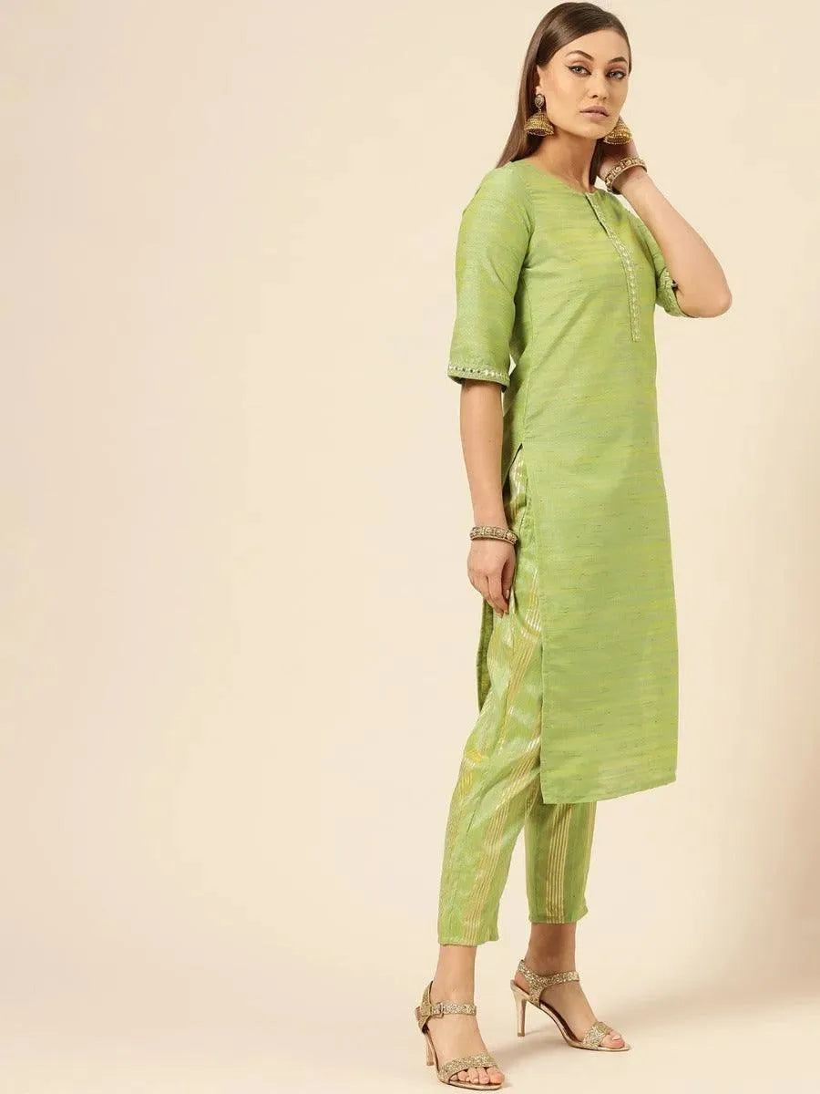 Anouk Olive Self Design Silk Straight Kurta With Trousers