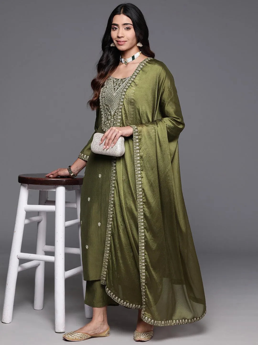 Anouk Olive Yoke Design Silk Blend Straight Suit With Dupatta