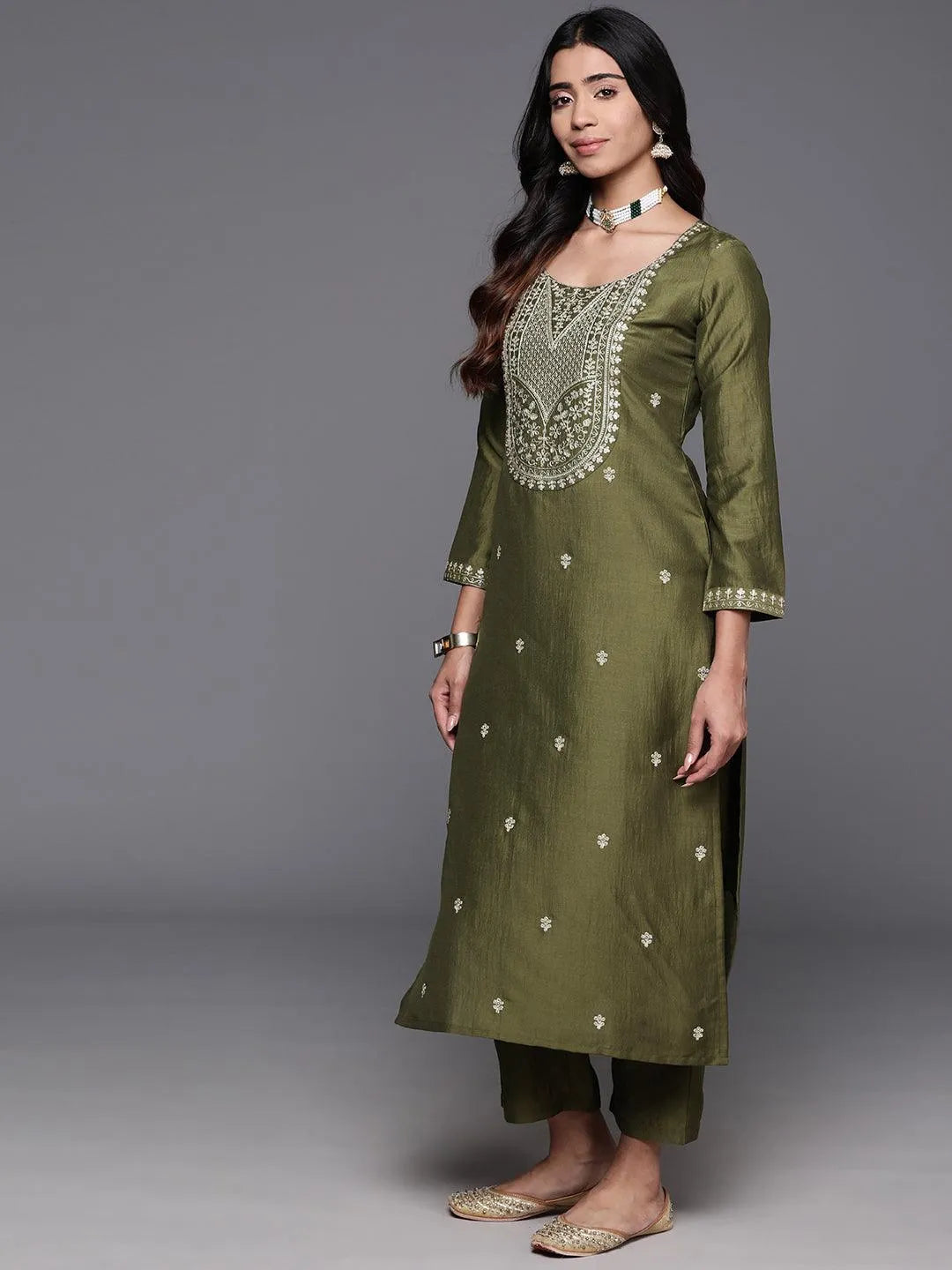 Anouk Olive Yoke Design Silk Blend Straight Suit With Dupatta