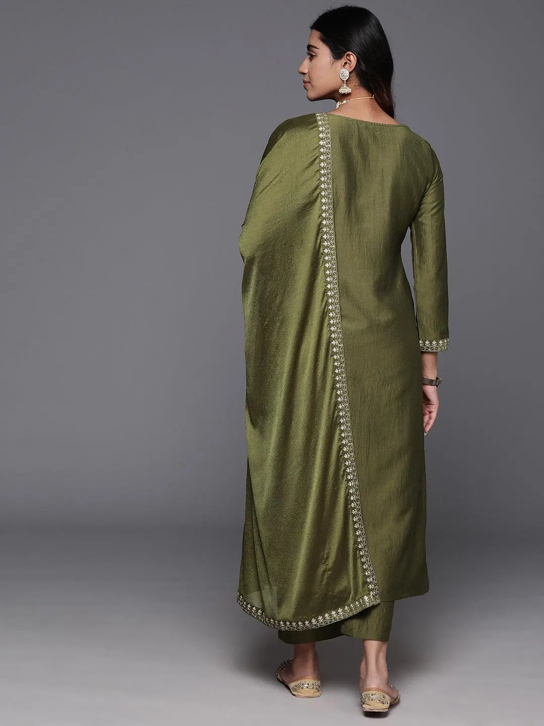 Anouk Olive Yoke Design Silk Blend Straight Suit With Dupatta