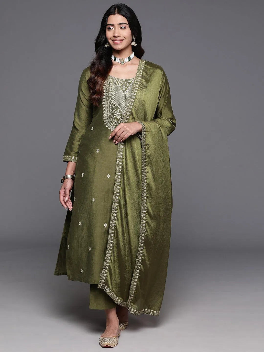 Anouk Olive Yoke Design Silk Blend Straight Suit With Dupatta